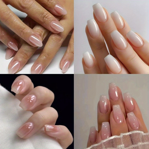 TEMU 102 Wear Nail, Solid Color Wear Nail Ice Nail And Medium Long Ballet Nail Powder Gradient Glitter Fake Nails Sweet Art, Suitable For Women