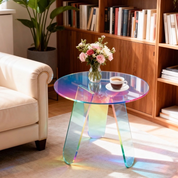 Acrylic Coffee Side Table Round Iridescent Rainbow End Table with PVC Table Cover