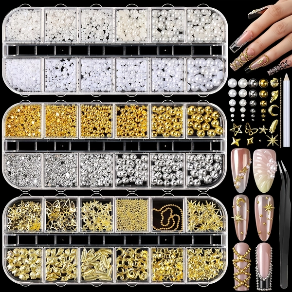 TEMU [3d For Nail Charms] Golden For Nail Synthetic Gemstones, For Nail Charms, Flatback White Beige, Half Round Silvery And Golden For Nail Charms,