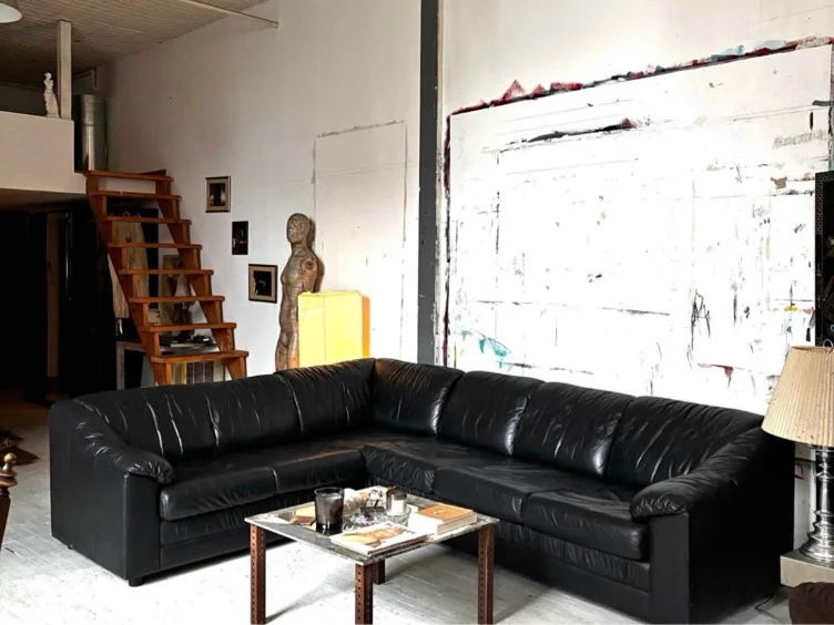 Vintage Black Leather Natuzzi Italia Sectional Sofa