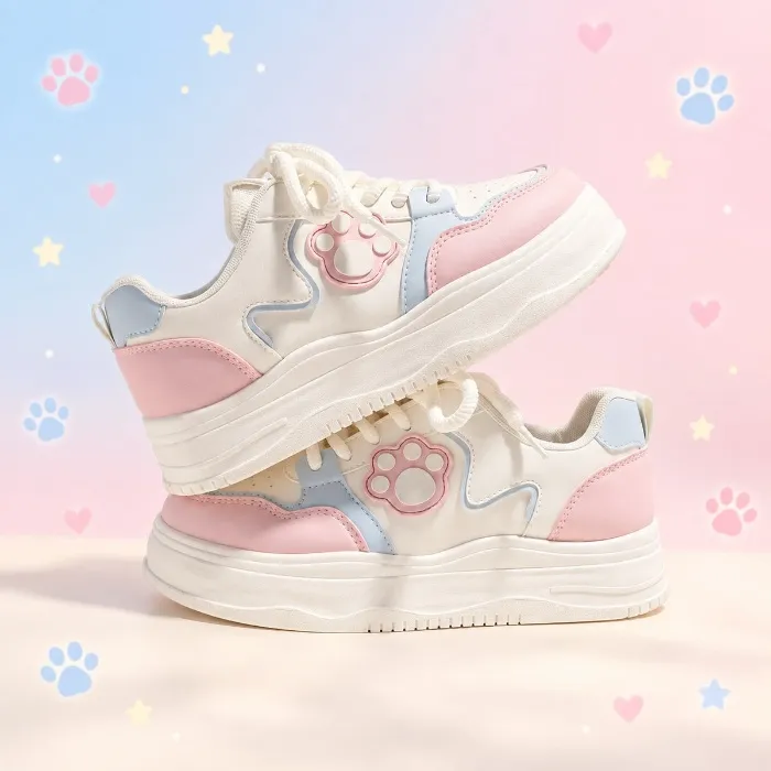 Pastel Cat Paw Lace-Up Sneakers