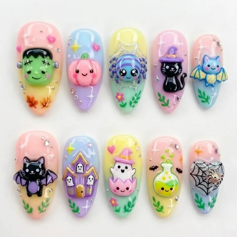 Cute Monster Press On Nails | Pastel Kawaii Trick Or Treat | Sweet Girly Almond Nail | Bat Cat Mini Daisy Nail | 3D Sculpted Gel Art Nail