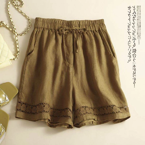 Lieoyuarn | Cotton Linen Vintage Elastic Waist Loose Shorts