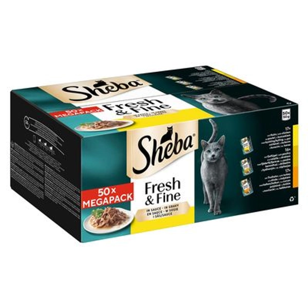 Pack misto de saquetas Sheba Fresh & Fine 50 x 50 g Frango, aves e peru em molho