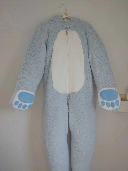3 Layer Thick BABY BLUE Bear w Tummy Patch Adult Plush Stuffed Bear Pajama with Double Locking Zipper and Hood, Ears