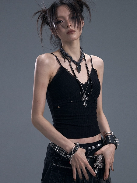 [$36.00]Black Punk Knit Crop Cami Top with Lace & Studs