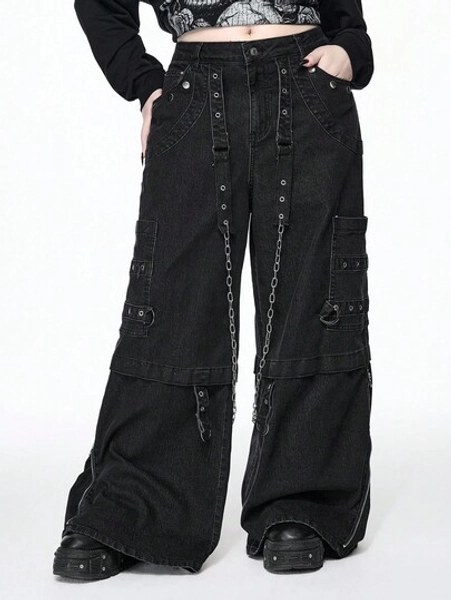 ROMWE Grunge Punk Plus Size Street Punk Style Chain Decor Loose Fit Black Jeans, Plus Size Everyday Black Denim Pants, Casual Women Bottoms, Plus Size Women Bottoms, Autumn/Winter Street Fashion Plus Size Jeans