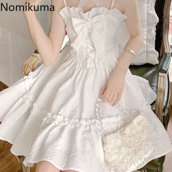 Summer Dresses for Women Lolita Style Japanese Sweet Robe Femme Bandage Bow Ruffles White Dress - AliExpress 