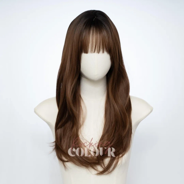 22-inch Mocha Brown Layered Wig With Bangs | Dark Root Long Straight Hair - Etsy UK
