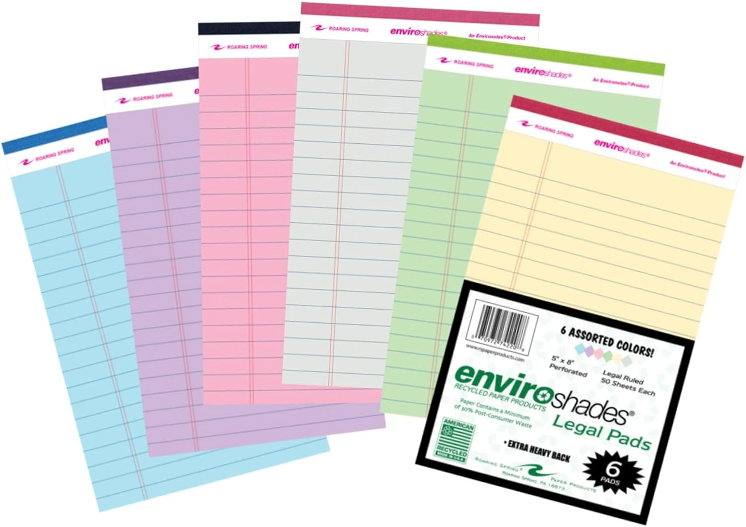 ROARING SPRING Enviroshades Recycled Mini Legal Pads, 6 Pack, 5" x 8" 50 Sheets, Assorted Colors