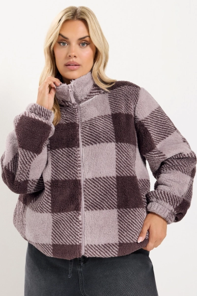 YOURS Curve Purple Checkered Print Zip Through Fleece 14