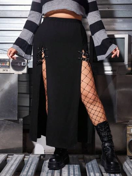 ROMWE PUNK Split Hem Skirt With Metallic Eyelet Buckle