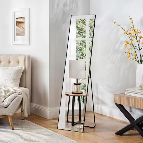 WONDER COMFORT 16 in. W x 59 in. H Aluminum Alloy Frame Rectangle Full Length Black Mirror with Shatter-Proof Glass, Floor Standing TN-ZJ59-BK