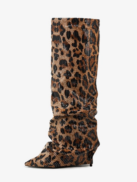 Women's Knee High Boots Leopard Sequined Pointed Toe Foldover Boots