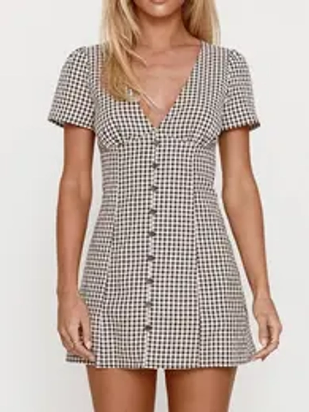 Women's Plaid Print V-Neck Short Sleeve Mini Dress with Button Detail, Casual Fashion Dress for Daily Wear, Womenswear