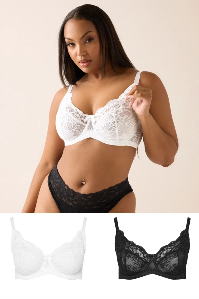 YOURS 2 PACK Curve Black &amp; White Swirl Lace Bras