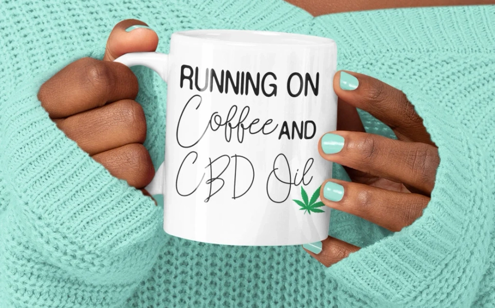 Funny CBD Oil Mug – Running on Coffee & CBD – Hemp Lover Gift – 11 or 15 oz White Mug