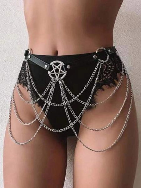 Cinto de Corrente de Couro para Mulheres, Cinto Arnês de Corrente de Estilo de Rua para Mulheres, Cinto de Corrente de Cintura para Traje de Rave - Tamanho Tamanho Único
