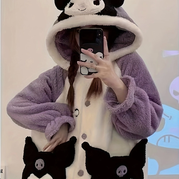 TEMU 1pc Hello Kitty Kuromi Women's Plush Hooded Nightgown - Cute Cartoon Long Sleeve Sleepwear With Ears, Cozy Winter Loungewear, Button Front