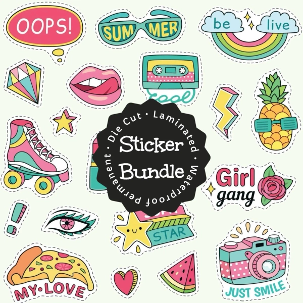 Retro Aesthetic Sticker Bundle | Cute Waterproof Die Cut Stickers | 90s Style Laptop & Water Bottle Stickers | Fun Girly Summer Vinyl Decals