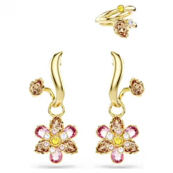 Idyllia earrings, Set (3), Mixed cuts, Flower, Multicoloured, 18K gold finish