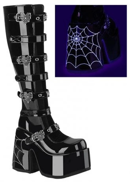 DemoniaCult Camel 223 Spiderweb Patent Knee High Boot