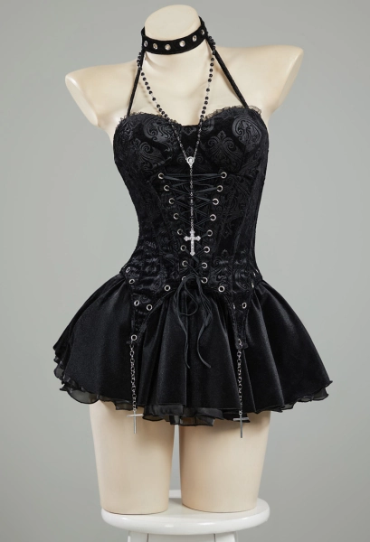 Halloween Gothic Black Tunic Dress Set Halter Neck Tunic and Skirt with Gloves