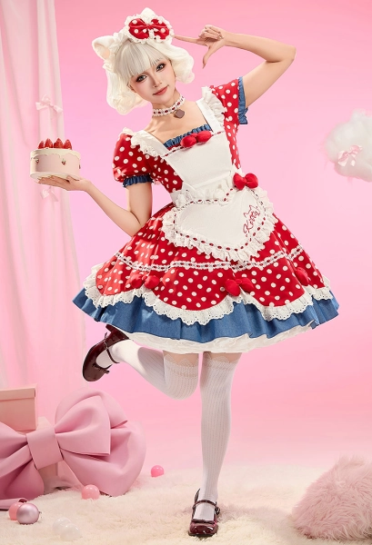 Anime Doll Derivative Kawaii Lolita Set Polka Dot Ruffled Dress with Apron and Hair Accessory