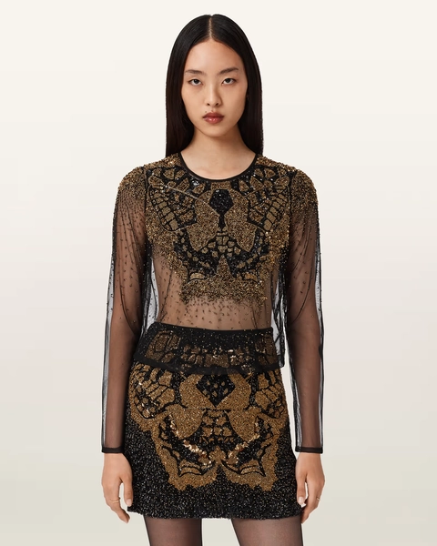 Greta Butterfly Embellished Top BLACK/GOLD | ALLSAINTS DE