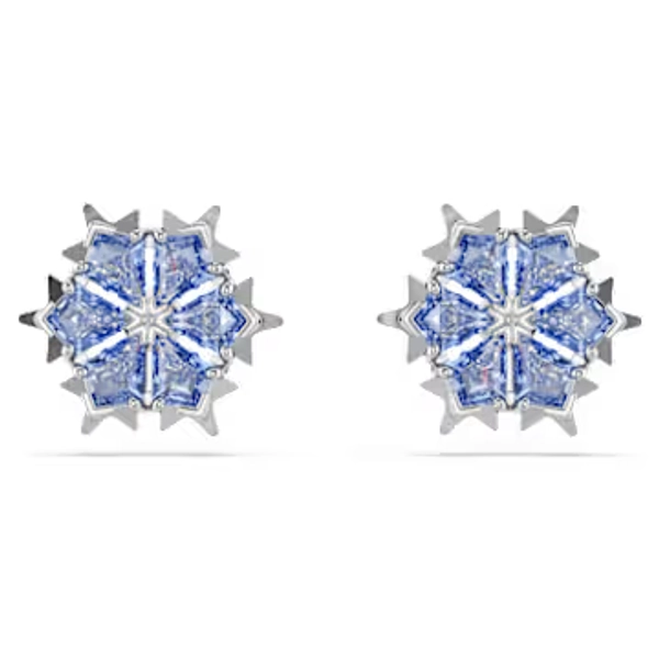 Magic stud earrings, Snowflake, Blue, Rhodium plated