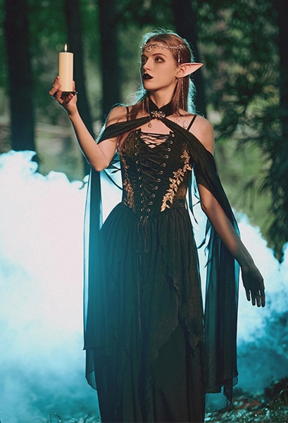 Medieval Gothic Dark Elf Dress with Cape