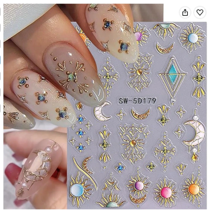 9 Sheets Sun Nail Stickers Nail Stickers Boho 5D 3D Embossed Self Adhesive Moon Star Heart Flame DIY Metallic Designs Nail Accessories for Women : Amazon.ie