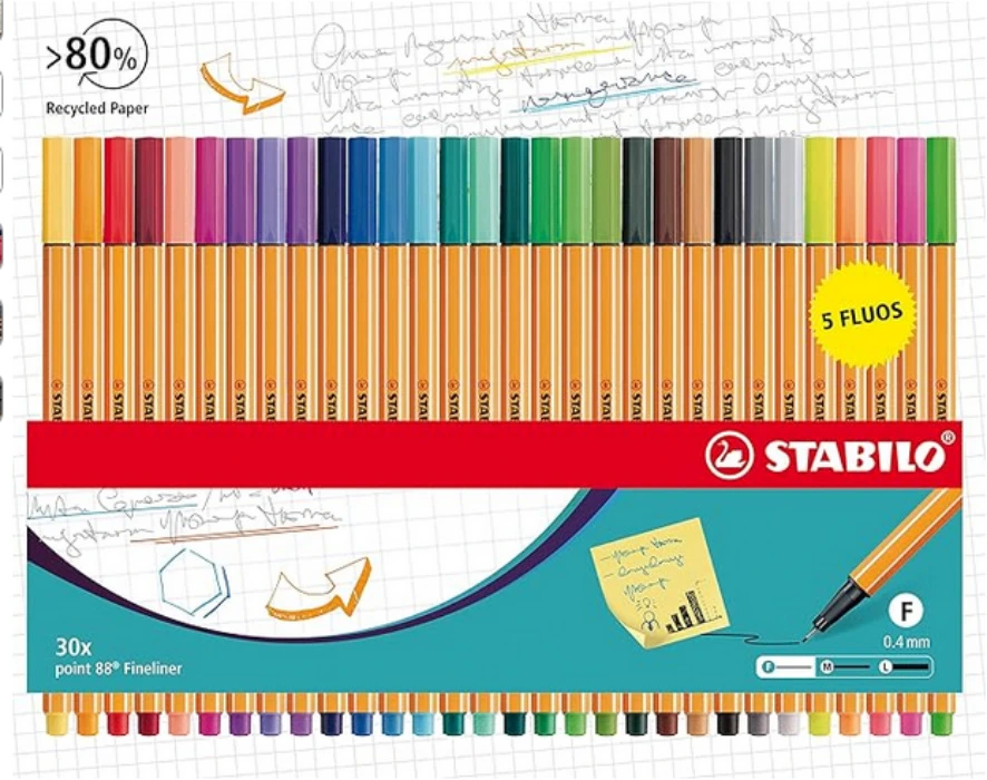 STABILO point 88 - Fineliner - Pack of 30 - Assorted Colours including 5 Neon Colours : Amazon.ie: Office Products