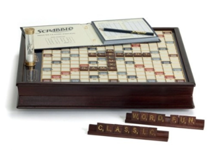 Deluxe Scrabble Wooden Edition with Rotating Game Board (Mahogany Cabinet, Premium Tiles & Racks)