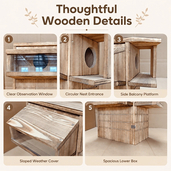 Solid Wood Multifunctional Squirrel House with Transparent Window - Suitable for Feeding, Nesting & Living, Multi-Level Outdoor/ Squirrel Habitat with Transparent Panels, Retro Style for,, Balcony Use