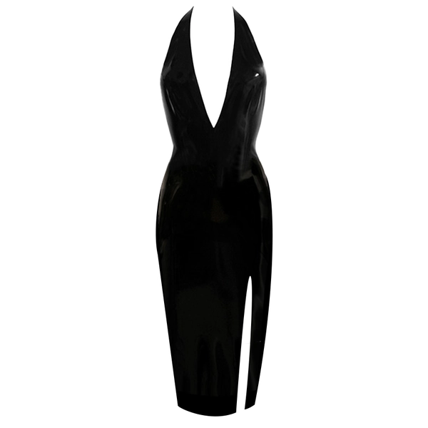 Latex Encounter Open Back Slit Dress in supatex black