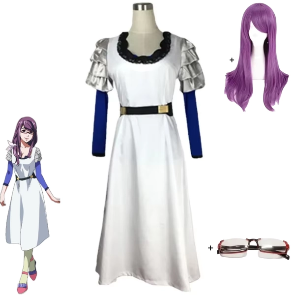 Anime Tokyo Ghoul Kamishiro Rize Cosplay Kostuum Witte Lange Mouwen Jurk Pruik Bril Volwassen Vrouw Sexy Carnaval Kostuum