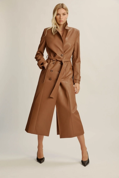 Vegan Leather Longline Coat In Chestnut | Bardot