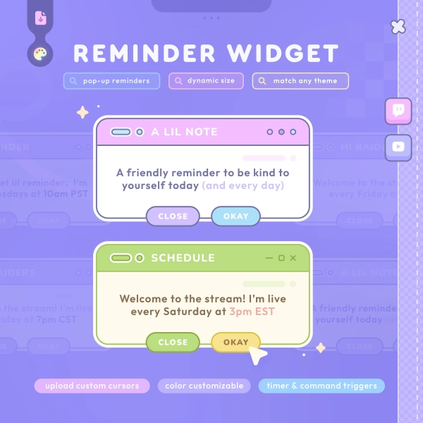 Reminder Widget — Stream Alert & Chat Commands, Timer ⟡ Fully Customizable | Twitch, YouTube | StreamElements OBS by cupidiko 🎀 (@cupid)