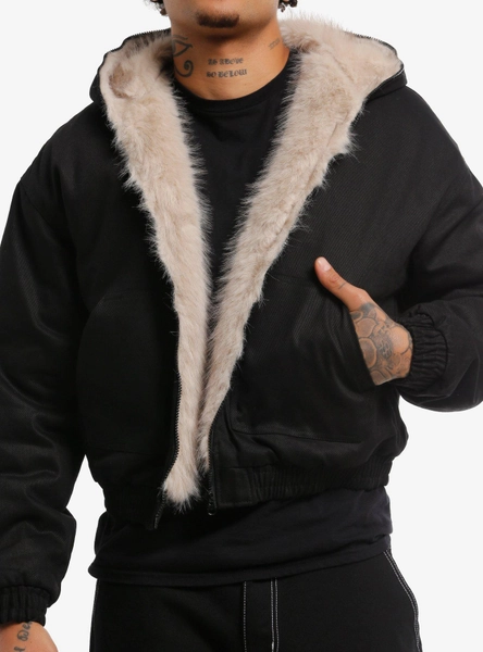Black Denim Faux Fur Hooded Bomber Jacket