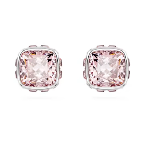 Birthstone stud earrings, Square cut, June, Pink, Rhodium plated