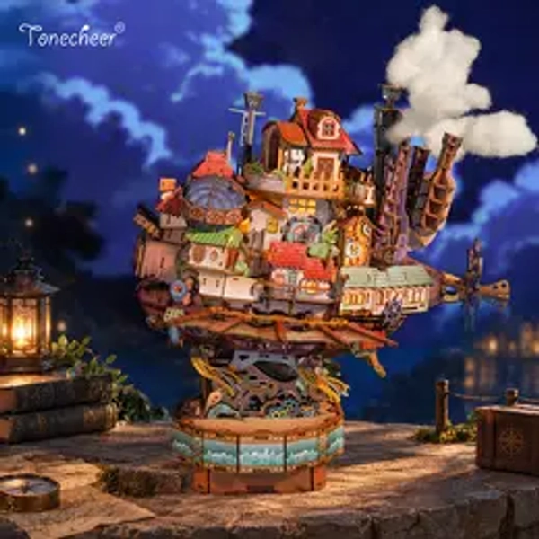 TONECHEER Whimsical DIY 3D Puzzle Transmission Model Kit - Walking Castle, 13 Ages, 20 Warm LED Bulbs, Built-in Music Box, Touch Control, Detachable House, Collectible Display, Type-C, No Glue Included, High-Quality Safe Environment-Friendly, 3D Pieces,s