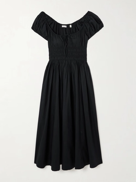 Quinn tie-detailed shirred organic cotton-poplin midi dress - black - xx small