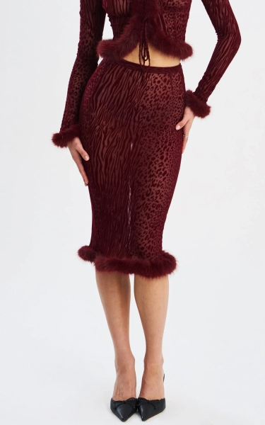Haliia Burnout Velvet Faux Fur Trim Skirt