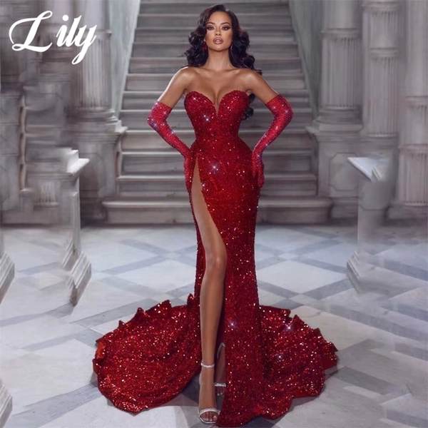 Lily robe de soirée rouge trompette paillettes robes de bal plissé sur l'épaule chérie robe de soirée avec fente haute personnalisée