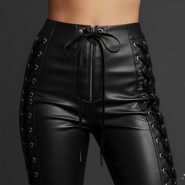 Lace-Up Lambskin Leather Pants – High-Waist Skinny Fit Trousers Handmade
