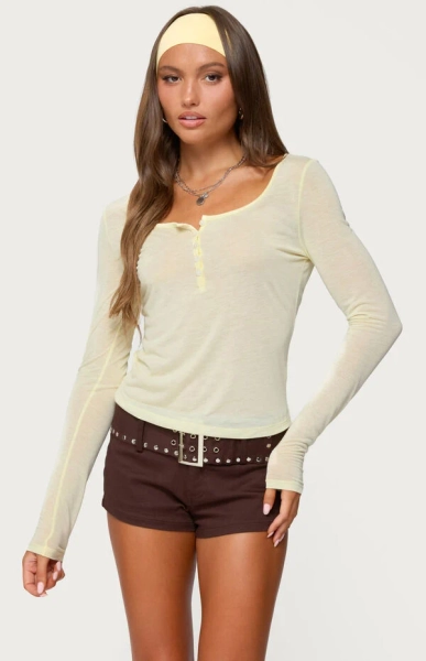 Ria Sheer Long Sleeve Henley Top