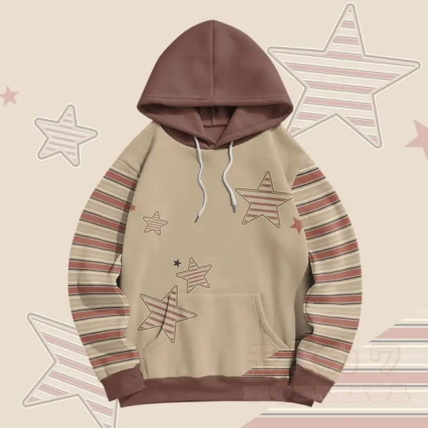 MODAKAWA Stripe Star Graphic All Over Print Pullover Hoodie