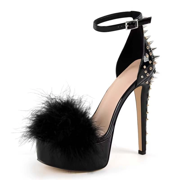 Maken Peep Toe Stiletto Heels Furry Platform Rivet Decorated Punky Sandals - Black Patent in Sexy Heels & Platforms - $128.82