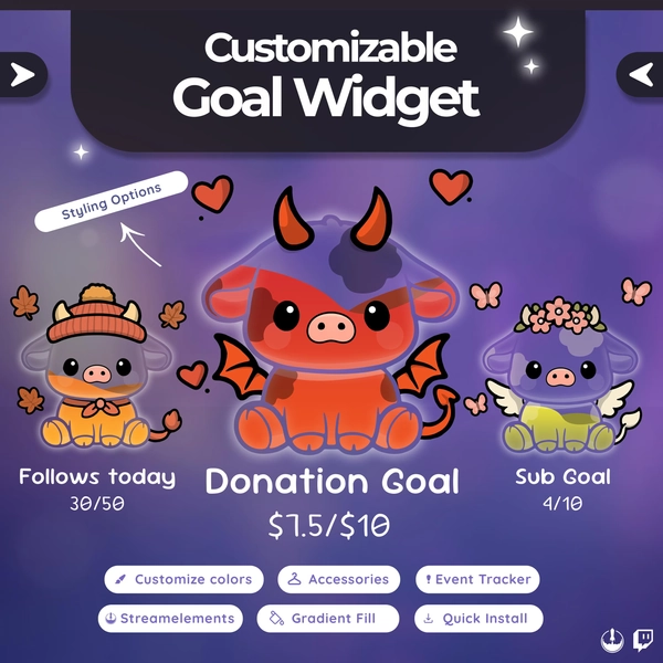 Cute Cow Goal Widget - Twitch & StreamElements Overlay Customizable Accessories, Liquid Fill Tracker
